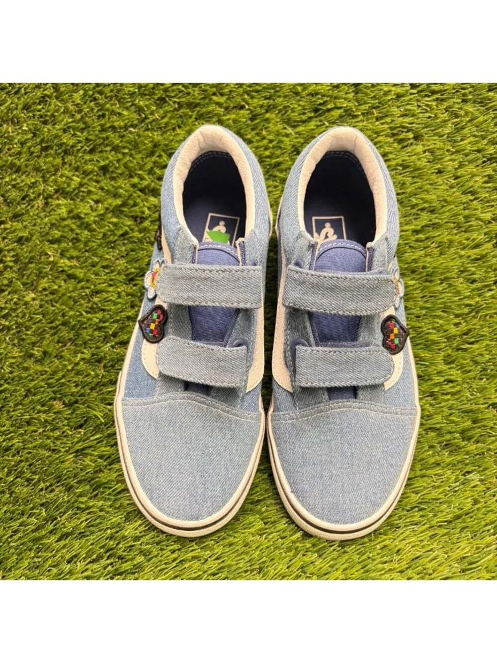 Vans Old Skool V Boys Size 2.5Y Denim Blue White Athletic Skate Shoes Sneakers